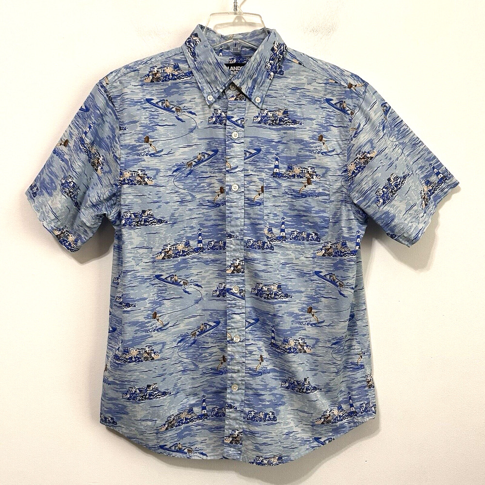 Lands End Mens Shirt S Button Down Short Sleeve Ski Girl Lighthouse Summer Blue